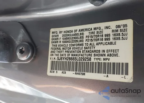 2005 Honda Element Ex z USA, uszkodzony, nr VIN 5J6YH28665L029258